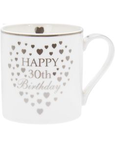 Happy 30th Birthday - Porselenskrus med Sølvfarget Tekst og Hjerter