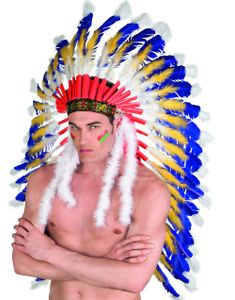 Deluxe Indian Huvudplagg med STORA Fjädrar och Mönstrat Band