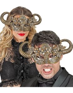 Blomstrete Gullfarget Øyemaske med Horn og Stener