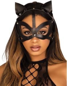 Svart Lær Kattemaske med Pigger - Vegan
