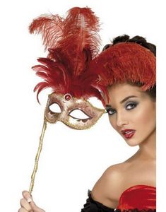 Dekorerad Mask m/Fjäder & Hållstativ Mask