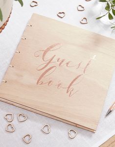 Guest Book i Trä med Folierad Text - Botaniskt Bröllop
