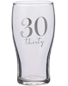 30 ÅR - Ølglass med Sølvfarget Tekst i Gaveeske 16 cm
