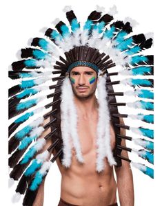 Deluxe Indianhövding Huvudbonad med STORA Fjädrar och Mönstrat Band