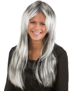 Lång svart och grå peruk med mittbena