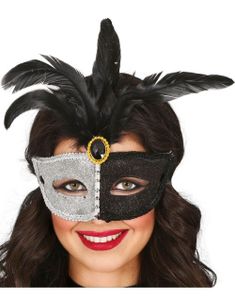 Svart og Sølv Øyemaske med Glitter og Fjær