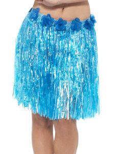 Blå Hawaii Hulakjol med Blommor 42 cm