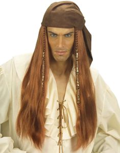 Lång Brun Piratperuk med Flätor, Pärlor och Huvudplagg
