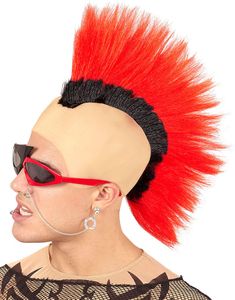 Svart och Röd Tuppkam Peruk med Skalliga Sidor