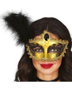 Svart/Gullfarget Maske med Fjær