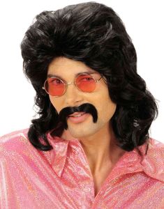 70-tals Svart Peruk med Lockar och Matchande Mustasch