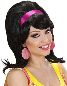 Svart 60-Tals Svart Peruk med Lila Band