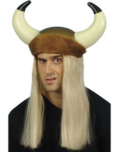 Guldfärgad Vikingahjälm med Fuskpäls, Horn och Blont Hår