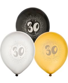 30 år - 6 stk Svarta, Silver- och Guldfärgade Ballonger 30 cm