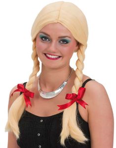 Blond Oktoberfest-peruk med råttsvansar och röda band