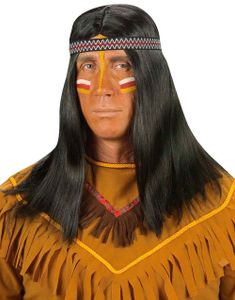 Svart lång indianperuk med pannband