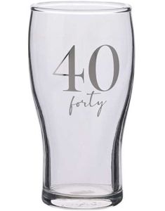 40 ÅR - Ølglass med Sølvfarget Tekst i Gaveeske 16 cm
