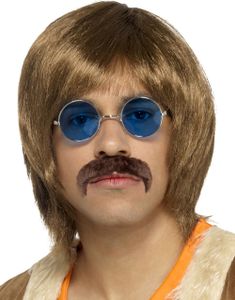 Brun Hippieperuk med Glasögon och Lösmustasch
