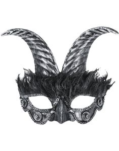 Sølvfarget Øyemaske med Fjær og Horn