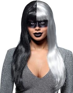Evil Temptress - Svart og Hvit Lang Parykk med Pannelugg