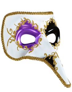 Vit Venetiansk Zanni Mask med Lila öga och Lång Näsa