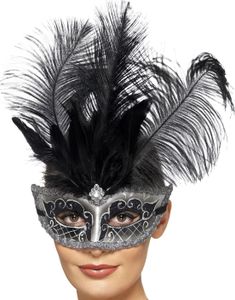 Svart och Silverfärgad Venetiansk Ögonmask med Fjäder