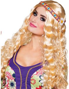 Lång Blond Hippieperuk med Vågor och Pannband
