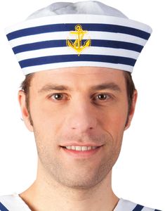 Vit Matroshatt med Blå Ränder och Guldfärgat Ankare