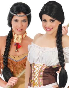 Svart Peruk med Lång Fläta