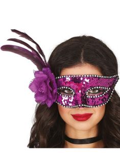 Lilla Øyemaske Med Svart Fjær og paljetter