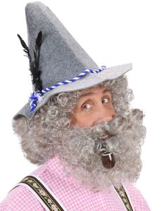 Lockig Peruk, Mustasch och Skägg - Grå