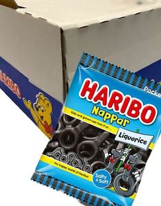 20 Påsar Haribo Salta Nappar / Lakritsnappar - Hel Låda