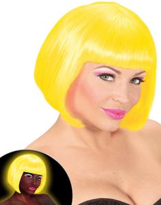 Neongul Peruk med Bobfrisyr - Lyser Under UV-Ljus