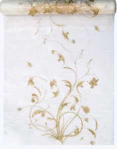 KRÄMVIT Organzalöpare med Guldfärgade Glittermotiv 36 cm x 9 meter