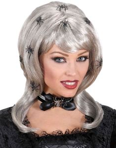 Grå Peruk med Många Svarta Spindlar