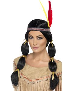 Svart Indianperuk med Huvudband och Fjädrar