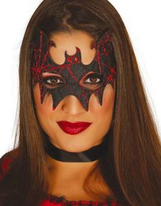 Svart Flaggermus Øyemaske i Søm med Rød Søm og Røde Steiner