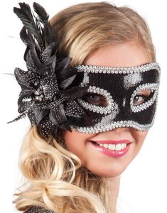 Svart Venetiansk Ögonmask med Blomma och Fjäderpynt