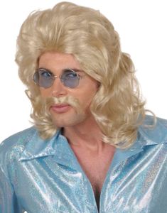 70-tals Blond Peruk med Lockar och Matchande Mustasch