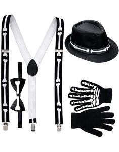 Skelett Kostymset med Hatt, Handskar, Byxhängslen och Rosett