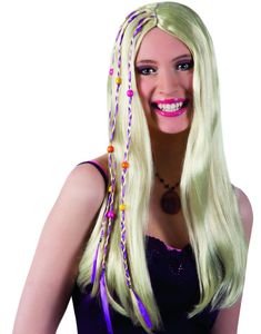 Blond Hippieperuk med Lila Ränder och Pärlor