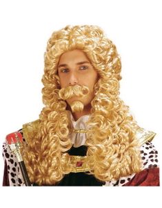 Herre Medeltid - Blond Krullig Peruk, Mustasch och Skäggtuss