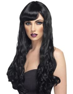 Lang Svart Bølgete Parykk med Pannelugg
