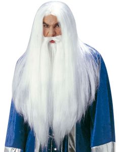 Trollkarl – Vit Lång Peruk och Skägg