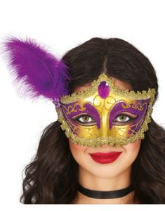 Lilla/Gullfarget Maske med Fjær