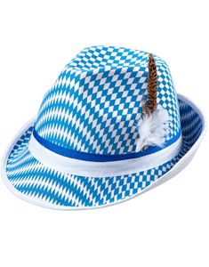 Rutig blå och vit Oktoberfest hatt med Fedoraform dekorerad med fjädrar och band