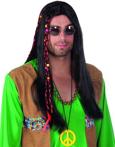 Svart Hippieperuk med Röda Slingor och Pärlor