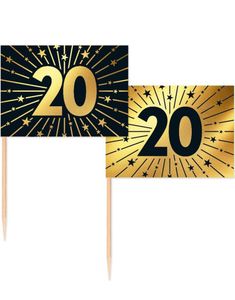 50 Stk 20 år Mat/Kakeflagg 6,5 cm - Svart og Gull