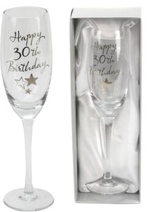Happy 30th Birthday - Champagneglass med Sølvfarget Tekst og Motiver i Gaveeske 16 cm