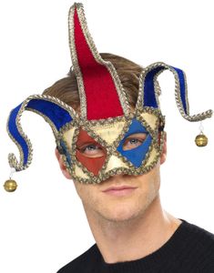 Beige, Blå och Röd Hovnarr Ögonmask med Bjällra